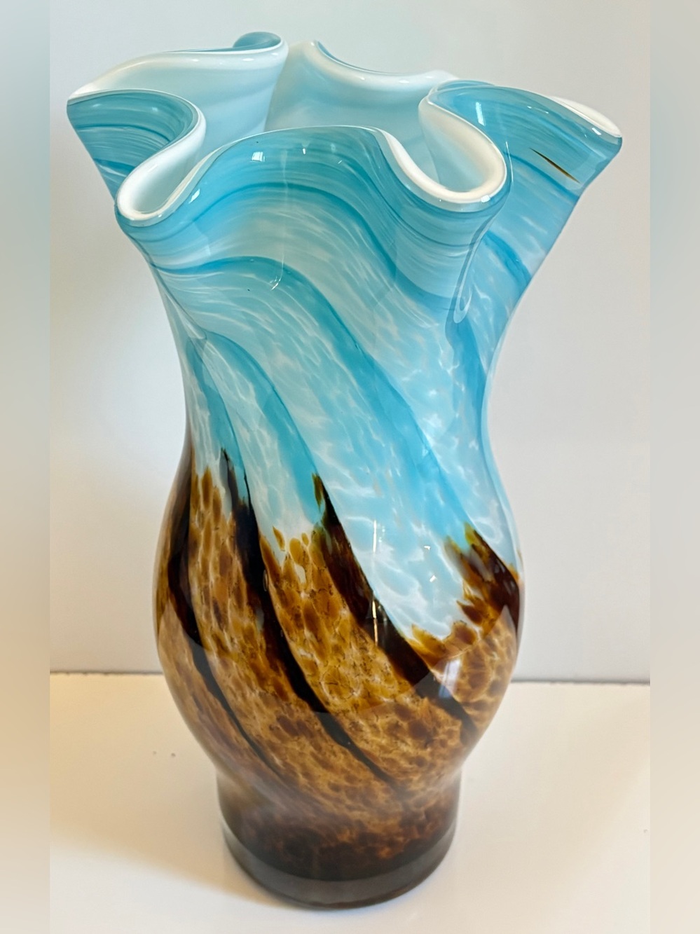 Murano Style Hand Blown Glass Vase Ruffle Top Blue Brown Swirl